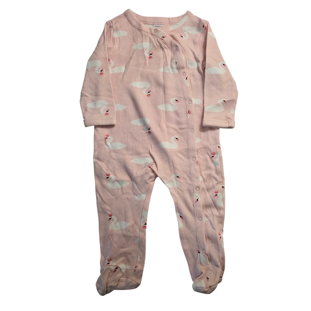 Nordstrom Baby Pink Swan Print Footed Sleeper Snap Up Romper 6 Months - Picture 1 of 8